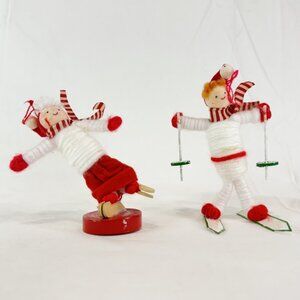 2 Vintage Spun Yarn & Wood Felt Ornaments Handmade Skier & Skater Red White